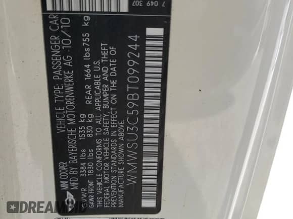 2011 MINI Hardtop с VIN WMWSU3C59BT099244, выставлен на аукционе Copart как лот 43682064 с пробегом 168 133 миль миль и Чистый • Clean title. История ставок и продаж доступна на DreamBid. Изображение 12.