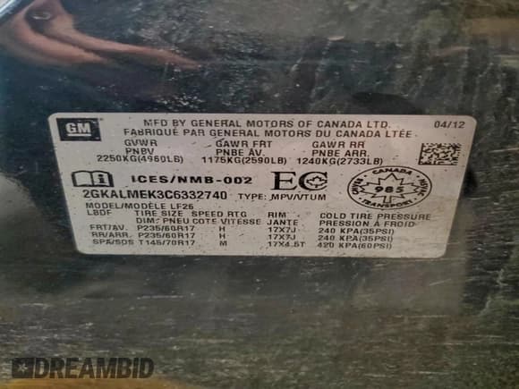 ✅ 2012 GMC Terrain SLE-1 • VIN: 2GKALMEK3C6332740 • Lot: 94679785. Listed on Copart with 197,038 mi. Free auction sales archive from the USA and detailed vehicle history report at DreamBid. Image 13.