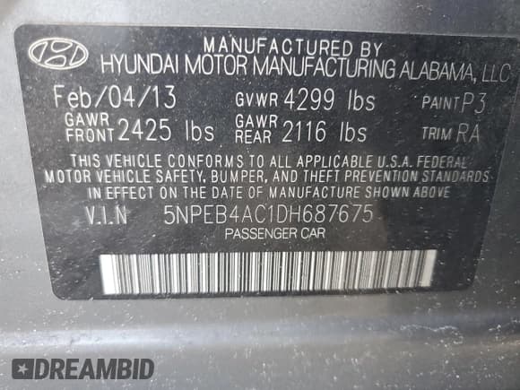 ✅ 2013 Hyundai Sonata GLS • VIN: 5NPEB4AC1DH687675 • Lot: 73392434. Listed on Copart with Not provided. Free auction sales archive from the USA and detailed vehicle history report at DreamBid. Image 13.