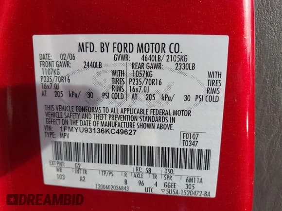 ✅ 2006 Ford Escape XLT • VIN: 1FMYU93136KC49627 • Lot: 43874090. Listed on IAAI with 204,566 mi. Free auction sales archive from the USA and detailed vehicle history report at DreamBid. Image 9.