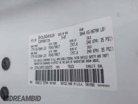 2007 Dodge 1500 ST с VIN 1D7HU18P57J590379, выставлен на аукционе IAAI как лот 41753511 с пробегом 208 080 миль миль и . История ставок и продаж доступна на DreamBid. Изображение 9.