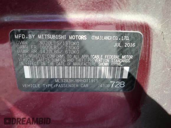 ✅ 2017 Mitsubishi Mirage ES • VIN: ML32A3HJ8HH011915 • Lot: 91159695. Listed on Copart with 126,695 mi. Free auction sales archive from the USA and detailed vehicle history report at DreamBid. Image 12.
