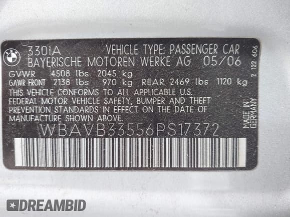 ✅ 2006 BMW 3 Series 330i • VIN: WBAVB33556PS17372 • Lot: 43279063. Listed on IAAI with Not provided. Free auction sales archive from the USA and detailed vehicle history report at DreamBid. Image 9.