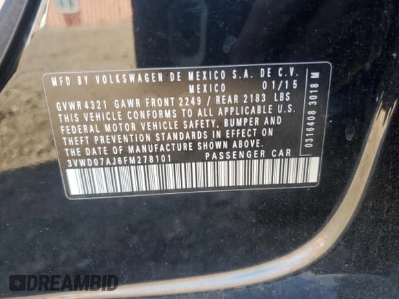 ✅ 2015 Volkswagen Jetta SE • VIN: 3VWD07AJ6FM278101 • Lot: 89705125. Wystawiony na Copart z przebiegiem 94 305 mil. Bezpłatny archiwum sprzedaży aukcyjnych z USA i szczegółowy raport historii pojazdu na DreamBid. Zdjęcie 12.