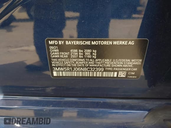 ✅ 2022 BMW 3 Series 330i • VIN: 3MW5R1J06N8C32399 • Lot: 41788730. Listed on IAAI with 53,691 mi. Free auction sales archive from the USA and detailed vehicle history report at DreamBid. Image 9.