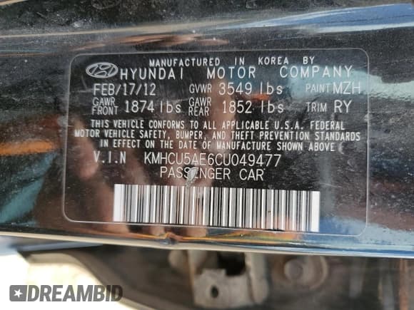 ✅ 2012 Hyundai Accent SE • VIN: KMHCU5AE6CU049477 • Lot: 90105535. Listed on Copart with 181,862 mi. Free auction sales archive from the USA and detailed vehicle history report at DreamBid. Image 12.