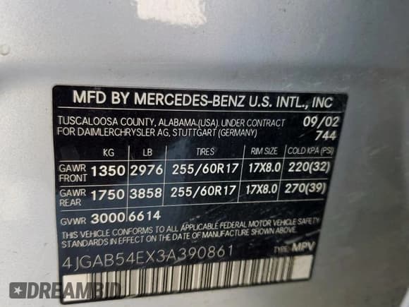 ✅ 2003 Mercedes-Benz M 320 • VIN: 4JGAB54EX3A390861 • Lot: 52864545. Listed on Copart with 172,972 mi. Free auction sales archive from the USA and detailed vehicle history report at DreamBid. Image 14.