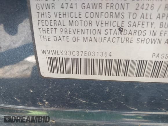 ✅ 2007 Volkswagen Passat 2.0T • VIN: WVWLK93C37E031354 • Лот: 42836971. Опубликован ранее на IAAI с пробегом 152 970 миль. Бесплатный доступ к архиву аукционных продаж из США и подробный отчёт об истории автомобиля на DreamBid. Изображение 9.