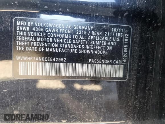 ✅ 2012 Volkswagen CC Lux Plus • VIN: WVWHP7AN0CE542952 • Lot: 75121244. Listed on Copart with Not provided. Free auction sales archive from the USA and detailed vehicle history report at DreamBid. Image 24.