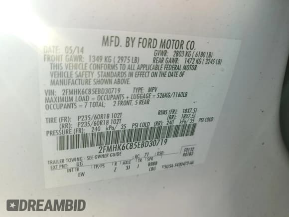 ✅ 2014 Ford Flex SEL • VIN: 2FMHK6C85EBD30719 • Lot: 82271485. Listed on Copart with 246,171 mi. Free auction sales archive from the USA and detailed vehicle history report at DreamBid. Image 13.