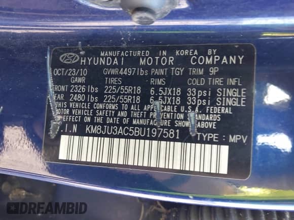 2011 Hyundai Tucson GLS with VIN KM8JU3AC5BU197581, listed as a IAAI auction lot 43611632 with 188,557 mi miles and . Bid and sale history available at DreamBid. Image 9.