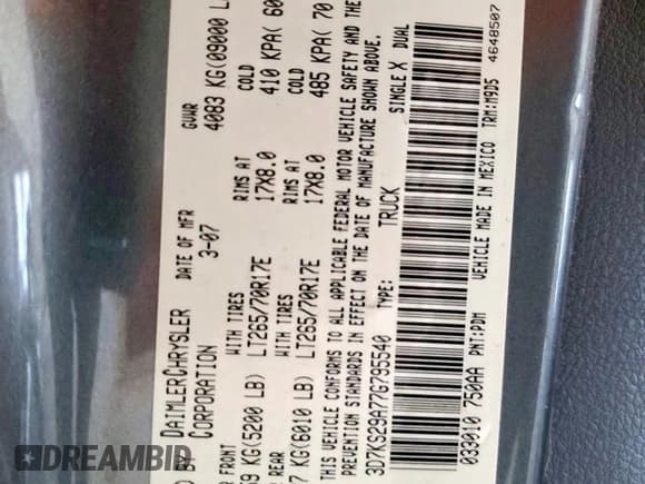 ✅ 2007 Dodge 2500 SLT • VIN: 3D7KS29A77G795540 • Лот: 58019355. Опубликован ранее на Copart с пробегом 139 662 миль. Бесплатный доступ к архиву аукционных продаж из США и подробный отчёт об истории автомобиля на DreamBid. Изображение 12.