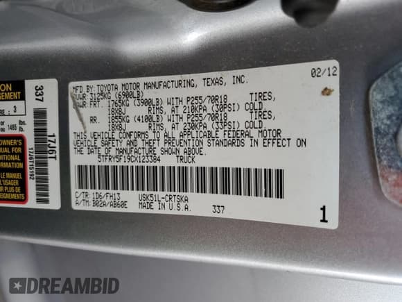 ✅ 2012 Toyota Tundra • VIN: 5TFRY5F19CX123384 • Lot: 66704755. Listed on Copart with 179,167 mi. Free auction sales archive from the USA and detailed vehicle history report at DreamBid. Image 12.