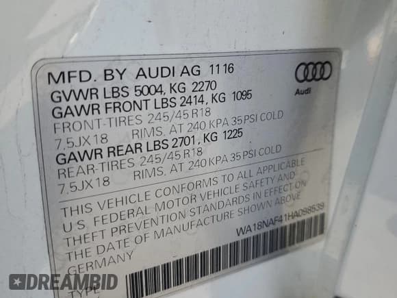 ✅ 2017 Audi allroad A4 Premium Plus • VIN: WA18NAF41HA098539 • Лот: 64698365. Опубликован ранее на Copart с пробегом 61 415 миль. Бесплатный доступ к архиву аукционных продаж из США и подробный отчёт об истории автомобиля на DreamBid. Изображение 12.