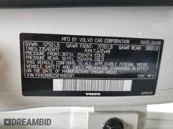 ✅ 2008 Volvo XC90 I6 • VIN: YV4CN982581480581 • Лот: 54564985. Опубликован ранее на Copart с пробегом 126 642 миль. Бесплатный доступ к архиву аукционных продаж из США и подробный отчёт об истории автомобиля на DreamBid. Изображение 14.