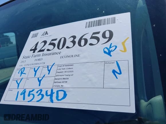 ✅ 2013 Ford Econoline Cargo Commercial • VIN: 1FTNE1EW2DDA35728 • Lot: 42503659. Listed on IAAI with 195,340 mi. Free auction sales archive from the USA and detailed vehicle history report at DreamBid. Image 18.