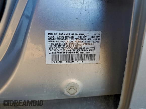 ✅ 2013 Honda Pilot EX-L • VIN: 5FNYF4H54DB016573 • Lot: 94295755. Listed on Copart with 195,706 mi. Free auction sales archive from the USA and detailed vehicle history report at DreamBid. Image 13.