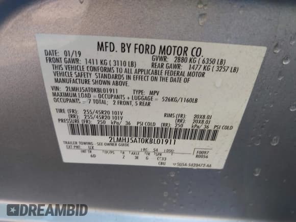 ✅ 2019 Lincoln MKT Reserve • VIN: 2LMHJ5AT0KBL01911 • Lot: 43640126. Listed on IAAI with 60,812 mi. Free auction sales archive from the USA and detailed vehicle history report at DreamBid. Image 9.