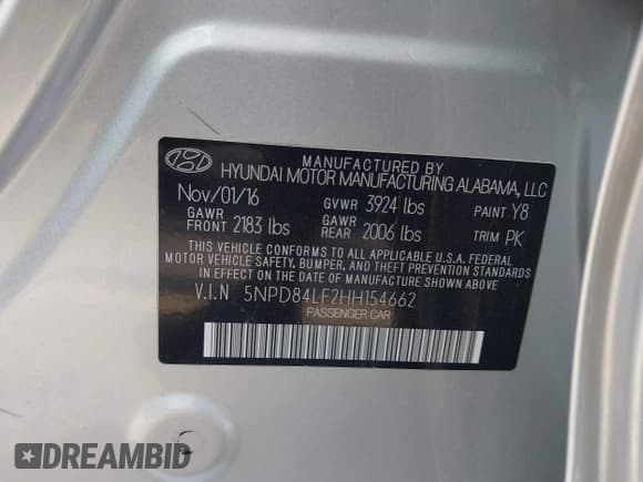 ✅ 2017 Hyundai Elantra Limited • VIN: 5NPD84LF2HH154662 • Lot: 42331921. Listed on IAAI with 54,691 mi. Free auction sales archive from the USA and detailed vehicle history report at DreamBid. Image 9.