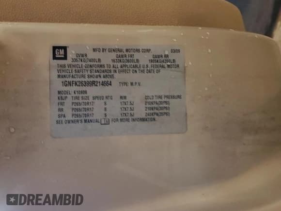 ✅ 2009 Chevrolet Suburban 1LT • VIN: 1GNFK26399R214664 • Lot: 55131185. Wystawiony na Copart z przebiegiem 180 824 mil. Bezpłatny archiwum sprzedaży aukcyjnych z USA i szczegółowy raport historii pojazdu na DreamBid. Zdjęcie 13.