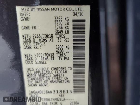 ✅ 2010 Nissan Titan SE • VIN: 1N6AA0EJ8AN318615 • Lot: 67966485. Listed on Copart with 120,411 mi. Free auction sales archive from the USA and detailed vehicle history report at DreamBid. Image 13.