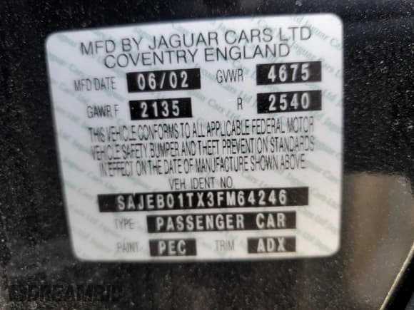 ✅ 2003 Jaguar S-Type • VIN: SAJEB01TX3FM64246 • Lot: 69216745. Listed on Copart with 205,524 mi. Free auction sales archive from the USA and detailed vehicle history report at DreamBid. Image 12.