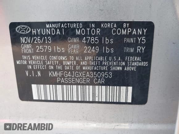 ✅ 2014 Hyundai Azera • VIN: KMHFG4JGXEA350953 • Lot: 43634144. Listed on IAAI with 192,563 mi. Free auction sales archive from the USA and detailed vehicle history report at DreamBid. Image 9.