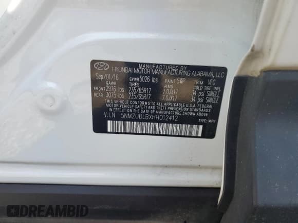 ✅ 2017 Hyundai Santa Fe 2.4L • VIN: 5NMZUDLBXHH012412 • Lot: 85718175. Listed on Copart with 108,613 mi. Free auction sales archive from the USA and detailed vehicle history report at DreamBid. Image 13.