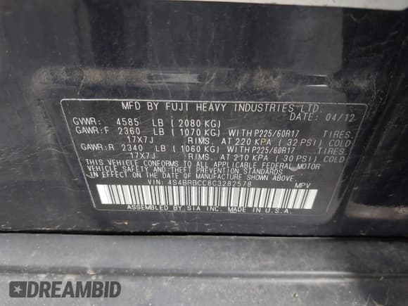 ✅ 2012 Subaru Outback Prem • VIN: 4S4BRBCC8C3282578 • Лот: 43655892. Опубликован ранее на IAAI с пробегом 104 467 миль. Бесплатный доступ к архиву аукционных продаж из США и подробный отчёт об истории автомобиля на DreamBid. Изображение 9.