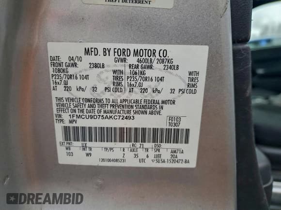 ✅ 2010 Ford Escape XLT • VIN: 1FMCU9D75AKC72493 • Lot: 95906505. Listed on Copart with 200,332 mi. Free auction sales archive from the USA and detailed vehicle history report at DreamBid. Image 13.