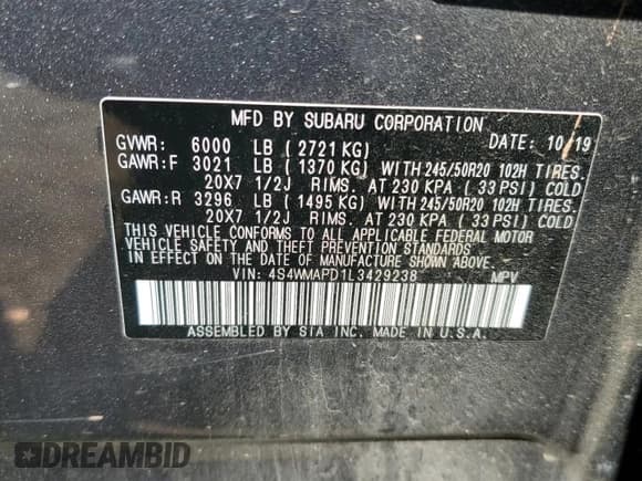 ✅ 2020 Subaru Ascent Limited • VIN: 4S4WMAPD1L3429238 • Lot: 55968805. Listed on Copart with 111,285 mi. Free auction sales archive from the USA and detailed vehicle history report at DreamBid. Image 12.