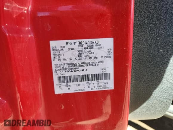 ✅ 2007 Ford F-150 XLT • VIN: 1FTPW14V17KC15216 • Lot: 85371265. Wystawiony na Copart z przebiegiem 179 528 mil. Bezpłatny archiwum sprzedaży aukcyjnych z USA i szczegółowy raport historii pojazdu na DreamBid. Zdjęcie 12.