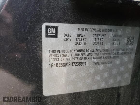 ✅ 2017 Chevrolet Cruze LT • VIN: 1G1BE5SM2H7238001 • Lot: 45557653. Listed on Copart with 103,390 mi. Free auction sales archive from the USA and detailed vehicle history report at DreamBid. Image 12.