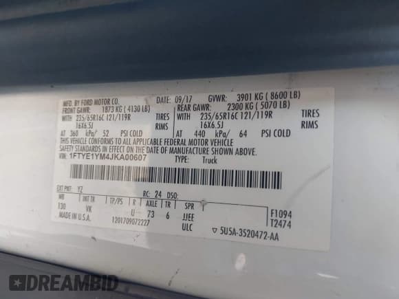 ✅ 2018 Ford Transit • VIN: 1FTYE1YM4JKA00607 • Lot: 43371633. Listed on IAAI with 219,689 mi. Free auction sales archive from the USA and detailed vehicle history report at DreamBid. Image 9.