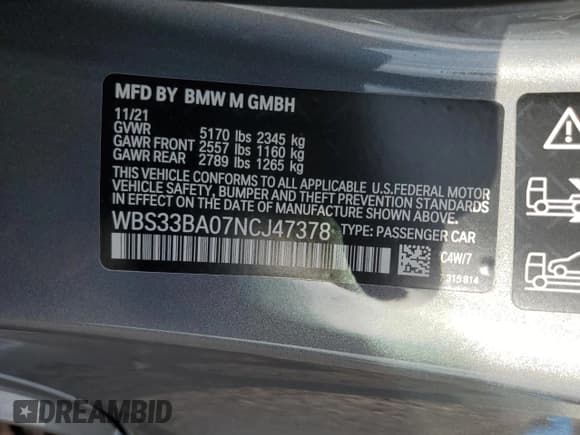✅ 2022 BMW M4 Competition xDrive • VIN: WBS33BA07NCJ47378 • Lot: 38846674. Listed on Copart with Not provided. Free auction sales archive from the USA and detailed vehicle history report at DreamBid. Image 12.