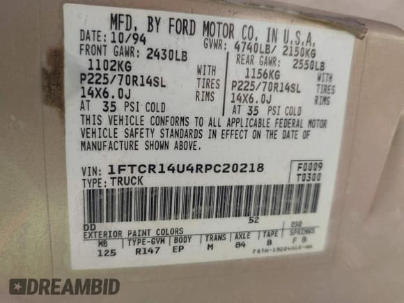 ✅ 1994 Ford Ranger Splash • VIN: 1FTCR14U4RPC20218 • Lot: 42945693. Wystawiony na IAAI z przebiegiem 318 579 mil. Bezpłatny archiwum sprzedaży aukcyjnych z USA i szczegółowy raport historii pojazdu na DreamBid. Zdjęcie 9.