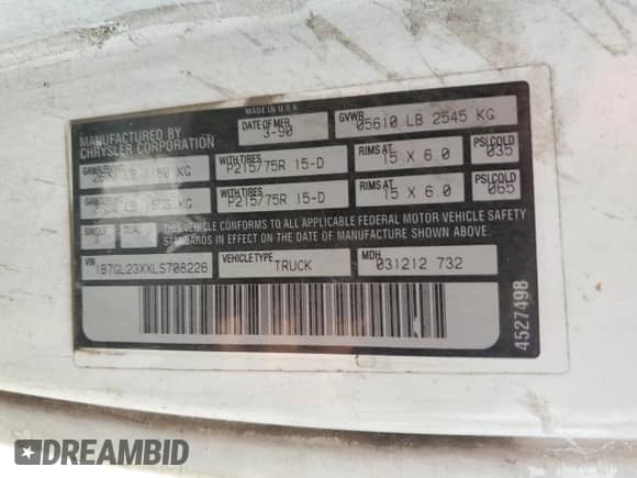 1990 Dodge Dakota with VIN 1B7GL23XXLS708226, listed as a Copart auction lot 69859125 with 372,216 mi miles and Salvage title. Bid and sale history available at DreamBid. Image 12.