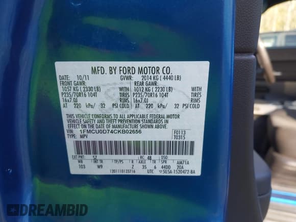 ✅ 2012 Ford Escape XLT • VIN: 1FMCU0D74CKB02656 • Lot: 43596055. Listed on IAAI with 112,403 mi. Free auction sales archive from the USA and detailed vehicle history report at DreamBid. Image 9.