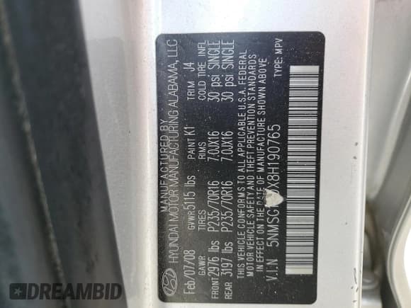 ✅ 2008 Hyundai Santa Fe GLS • VIN: 5NMSG13DX8H190765 • Lot: 75657904. Listed on Copart with 123,993 mi. Free auction sales archive from the USA and detailed vehicle history report at DreamBid. Image 14.