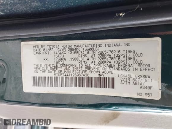 ✅ 2002 Toyota Sequoia SR5 • VIN: 5TDBT44A12S087496 • Лот: 42894766. Опубликован ранее на IAAI с пробегом 191 337 миль. Бесплатный доступ к архиву аукционных продаж из США и подробный отчёт об истории автомобиля на DreamBid. Изображение 9.
