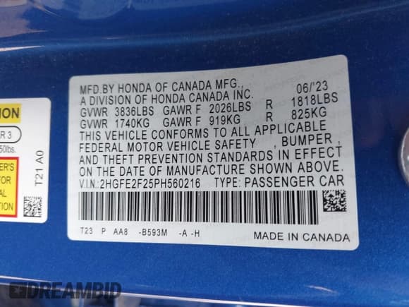 ✅ 2023 Honda Civic LX • VIN: 2HGFE2F25PH560216 • Lot: 43247282. Wystawiony na IAAI z przebiegiem 36 672 mil. Bezpłatny archiwum sprzedaży aukcyjnych z USA i szczegółowy raport historii pojazdu na DreamBid. Zdjęcie 9.