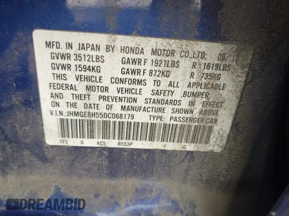 ✅ 2013 Honda Fit Sport • VIN: JHMGE8H55DC068179 • Lot: 43646158. Listed on IAAI with 149,804 mi. Free auction sales archive from the USA and detailed vehicle history report at DreamBid. Image 9.