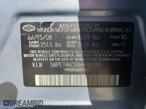 ✅ 2009 Hyundai Sonata GLS • VIN: 5NPET46C99H488399 • Лот: 73375964. Опубликован ранее на Copart с пробегом 108 947 миль. Бесплатный доступ к архиву аукционных продаж из США и подробный отчёт об истории автомобиля на DreamBid. Изображение 12.