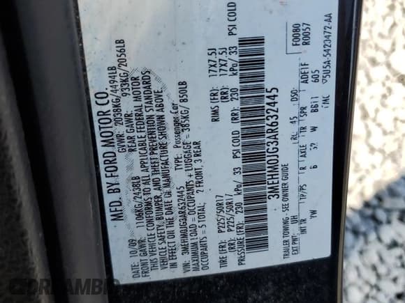 ✅ 2010 Mercury Milan Premier • VIN: 3MEHM0JG3AR632445 • Lot: 69285845. Listed on Copart with 114,003 mi. Free auction sales archive from the USA and detailed vehicle history report at DreamBid. Image 12.