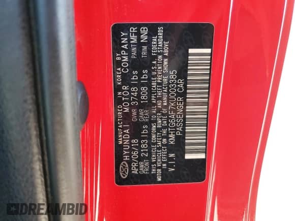 2019 Hyundai Veloster 2.0 with VIN KMHTG6AF7KU003385, listed as a Copart auction lot 72778464 with 53,172 mi miles and Salvage title. Bid and sale history available at DreamBid. Image 13.