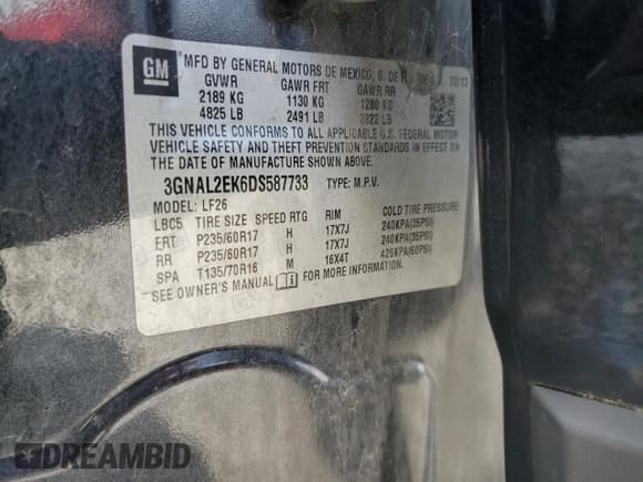 ✅ 2013 Chevrolet Captiva Sport LS • VIN: 3GNAL2EK6DS587733 • Lot: 57398375. Wystawiony na Copart z przebiegiem 138 609 mil. Bezpłatny archiwum sprzedaży aukcyjnych z USA i szczegółowy raport historii pojazdu na DreamBid. Zdjęcie 13.