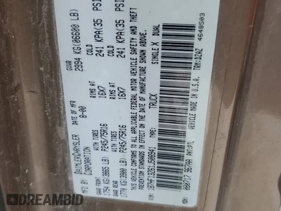 2001 Dodge 1500 с VIN 1B7HF13Z61J508941, выставлен на аукционе Copart как лот 78060854 с пробегом Не указан миль и Списание • Salvage title. История ставок и продаж доступна на DreamBid. Изображение 14.