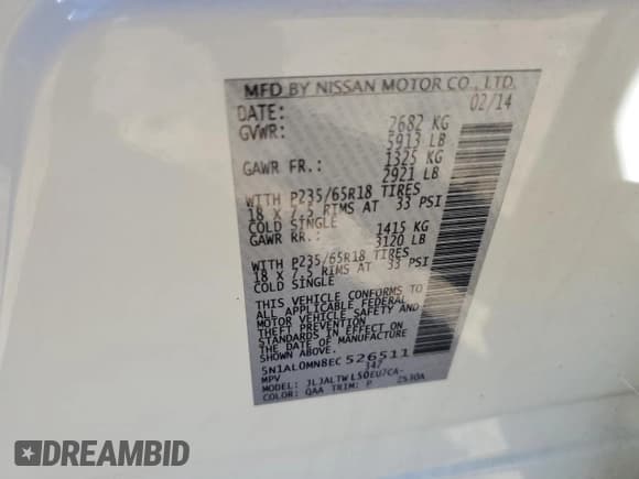 ✅ 2014 Infiniti QX60 • VIN: 5N1AL0MN8EC526511 • Lot: 86263625. Listed on Copart with 145,361 mi. Free auction sales archive from the USA and detailed vehicle history report at DreamBid. Image 13.