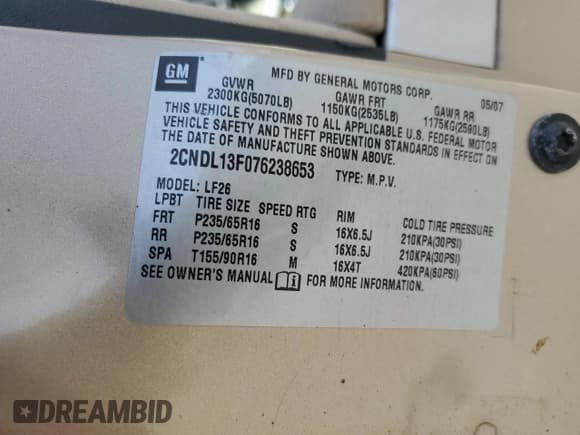 ✅ 2007 Chevrolet Equinox LS • VIN: 2CNDL13F076238653 • Лот: 48764555. Опубликован ранее на Copart с пробегом 197 290 миль. Бесплатный доступ к архиву аукционных продаж из США и подробный отчёт об истории автомобиля на DreamBid. Изображение 14.