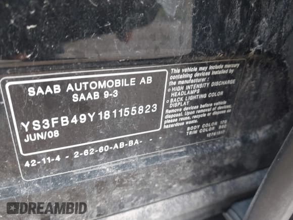 ✅ 2008 Saab 9-3 • VIN: YS3FB49Y181155823 • Lot: 42969938. Wystawiony na IAAI z przebiegiem 165 380 mil. Bezpłatny archiwum sprzedaży aukcyjnych z USA i szczegółowy raport historii pojazdu na DreamBid. Zdjęcie 9.